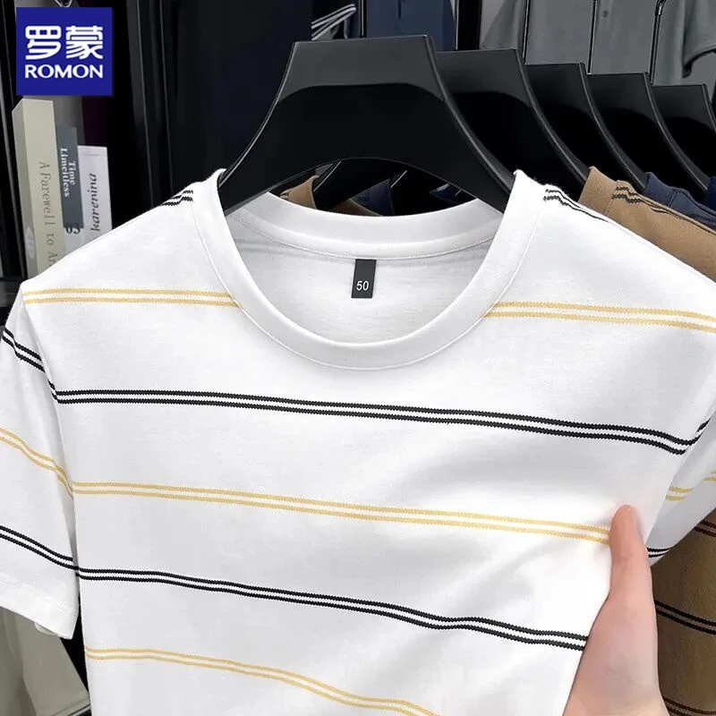 罗蒙2025夏季新款男士圆领短袖T恤宽松时尚纯棉上衣潮流爸爸装