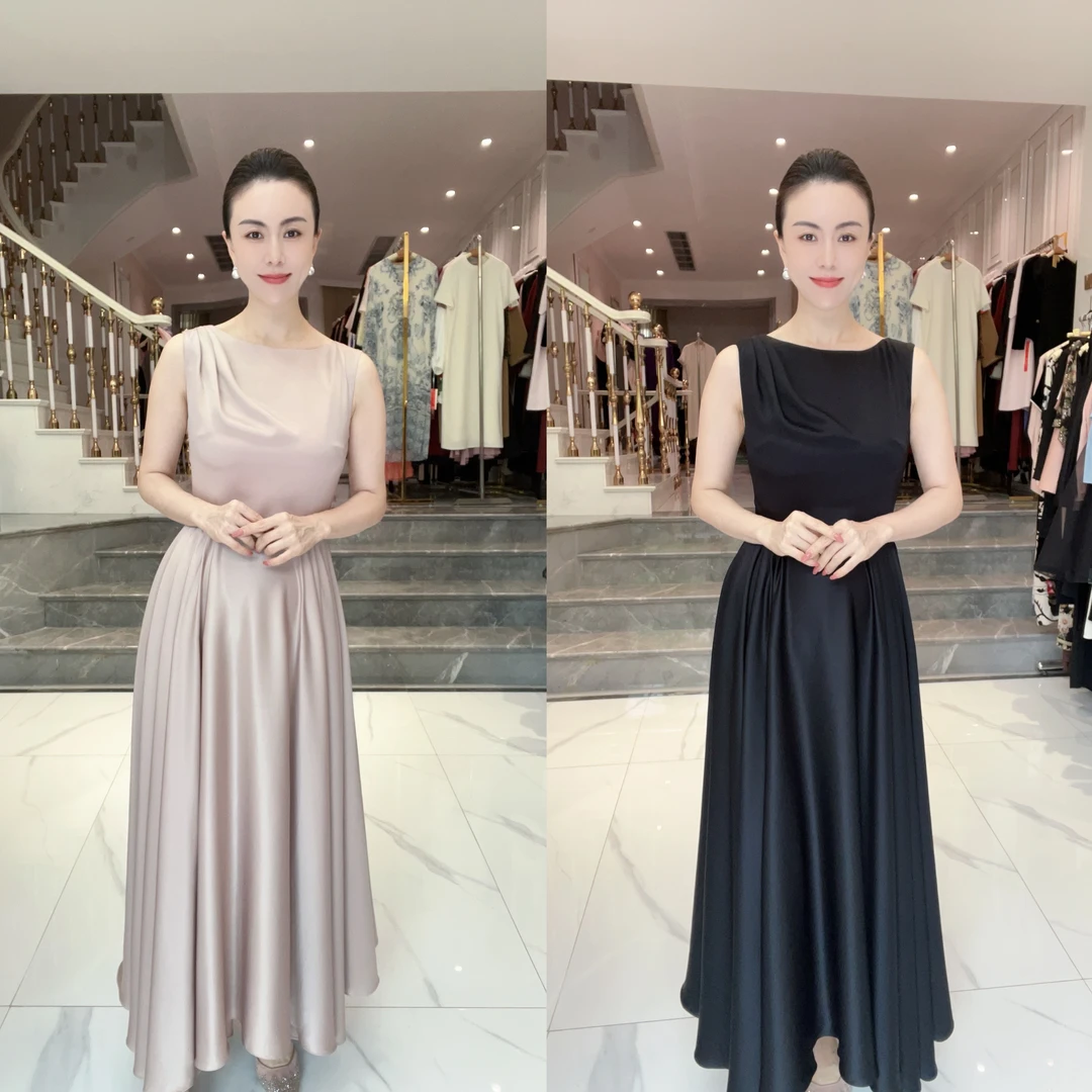 5978研家轻奢高级感气质单肩压褶无袖修身显瘦醋酸百褶大摆连衣裙