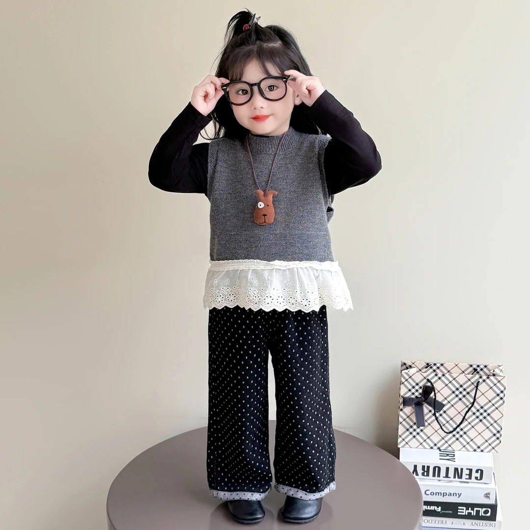 女童针织马甲休闲套装2025新款儿童春秋装韩版洋气秋装宝宝三件套
