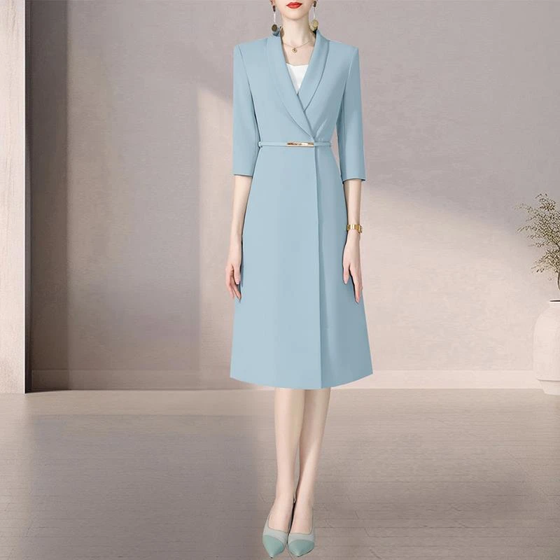 蓝色职业西装连衣裙女装夏款高级感播音艺考主持人正装工作服气质