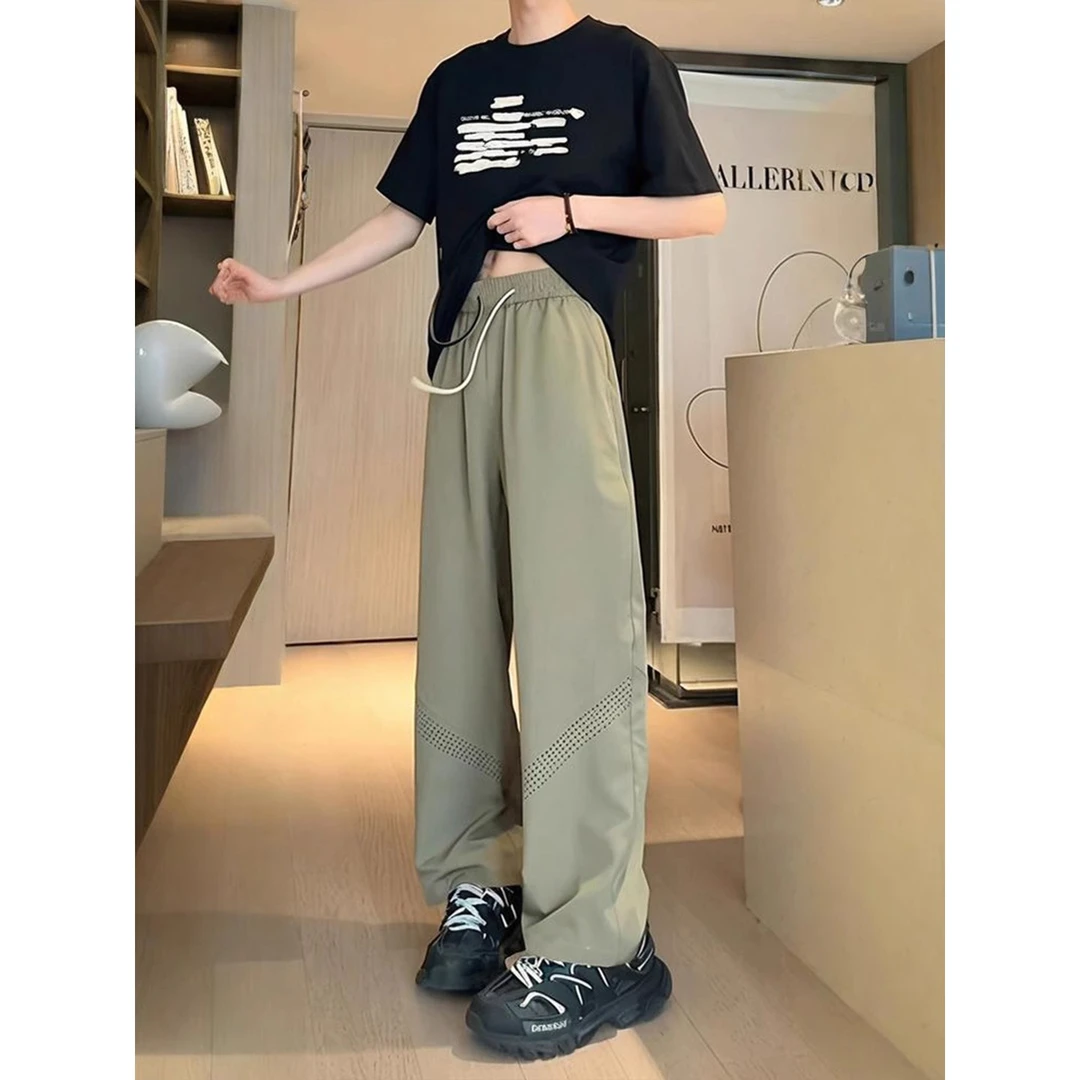 激光网眼透气冰丝裤子男款夏季薄款垂感直筒裤美式休闲速干运动裤