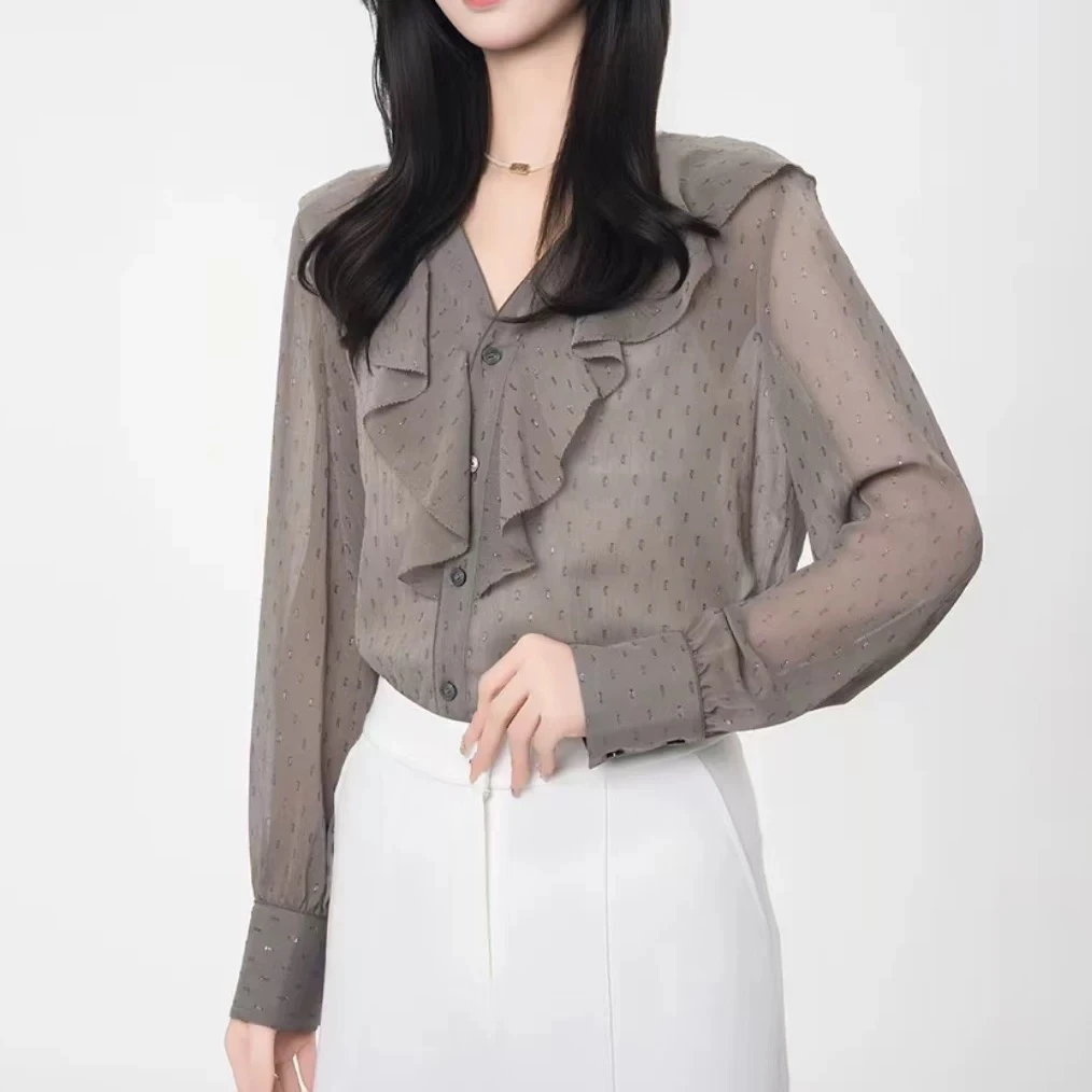 【商场同款】2025春夏季时尚复古时尚波点荷叶花边V领衬衫女530032