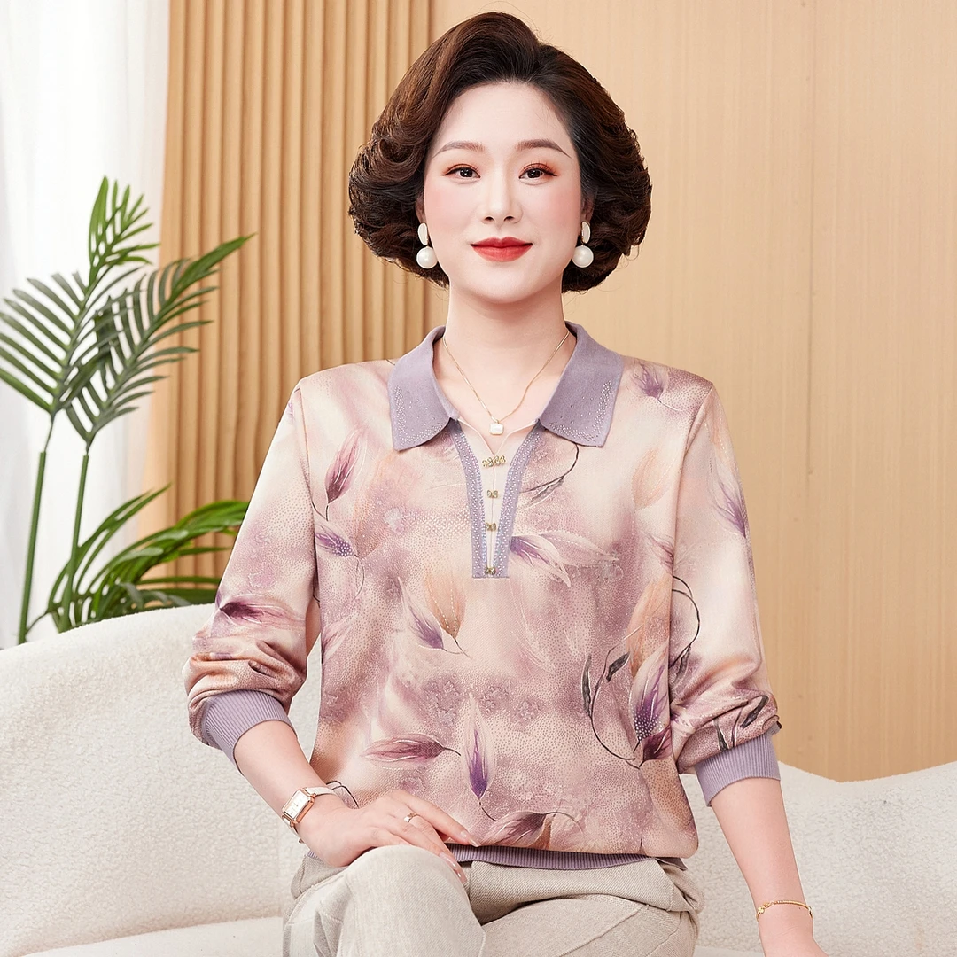 洋气妈妈装秋装翻领T恤衫中老年人女春秋长袖上衣老年人打底小衫