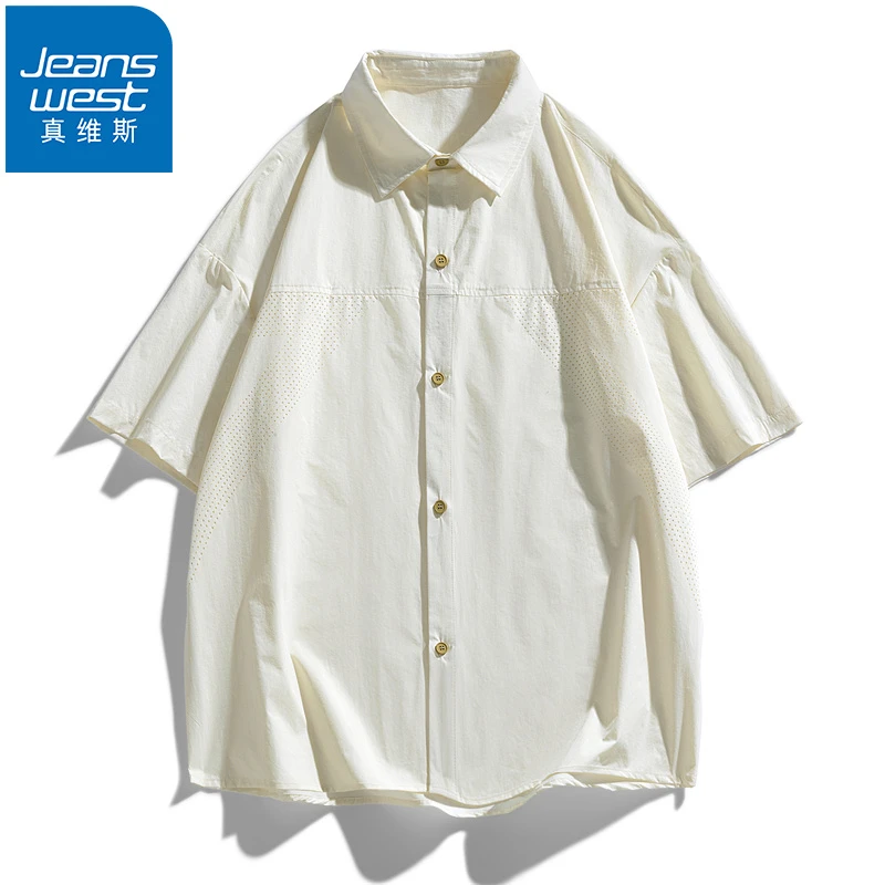 Jeanswest/真维斯日系短袖衬衫男士夏季薄款透气宽松百搭翻领上衣