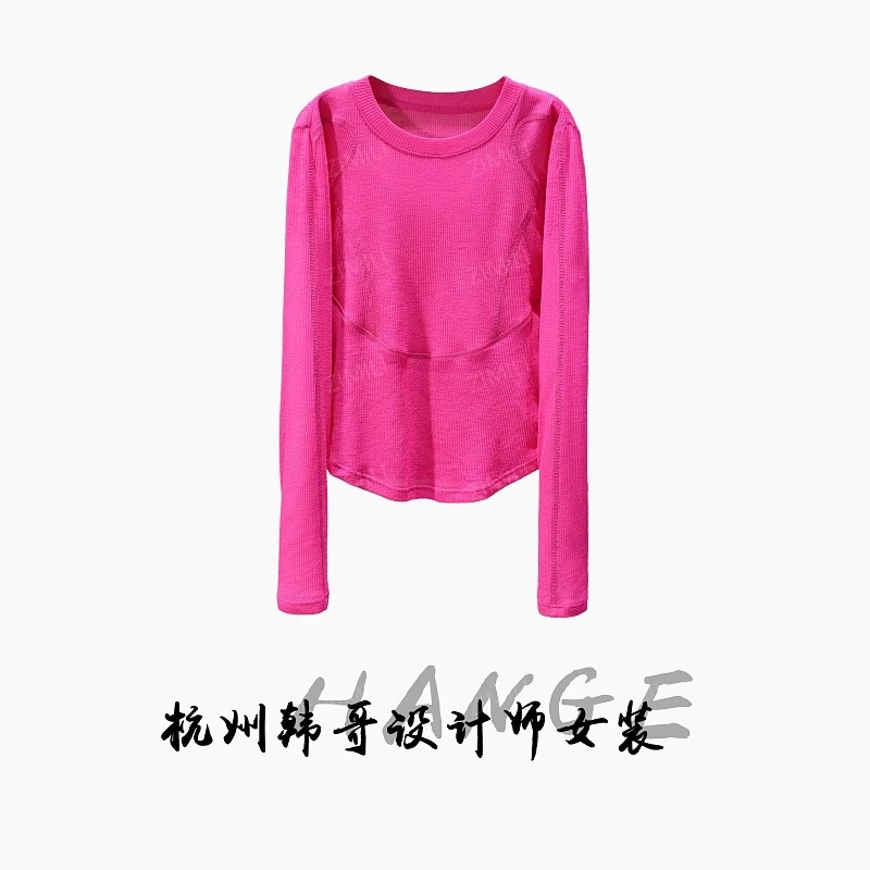 【韩哥女装】2025秋冬新品玫红色拼接高弹显瘦网纱休闲上衣26315-B2