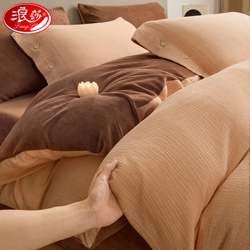 浪莎纯棉加绒床上四件套2025新款冬加厚珊瑚绒被套床品法兰绒床单