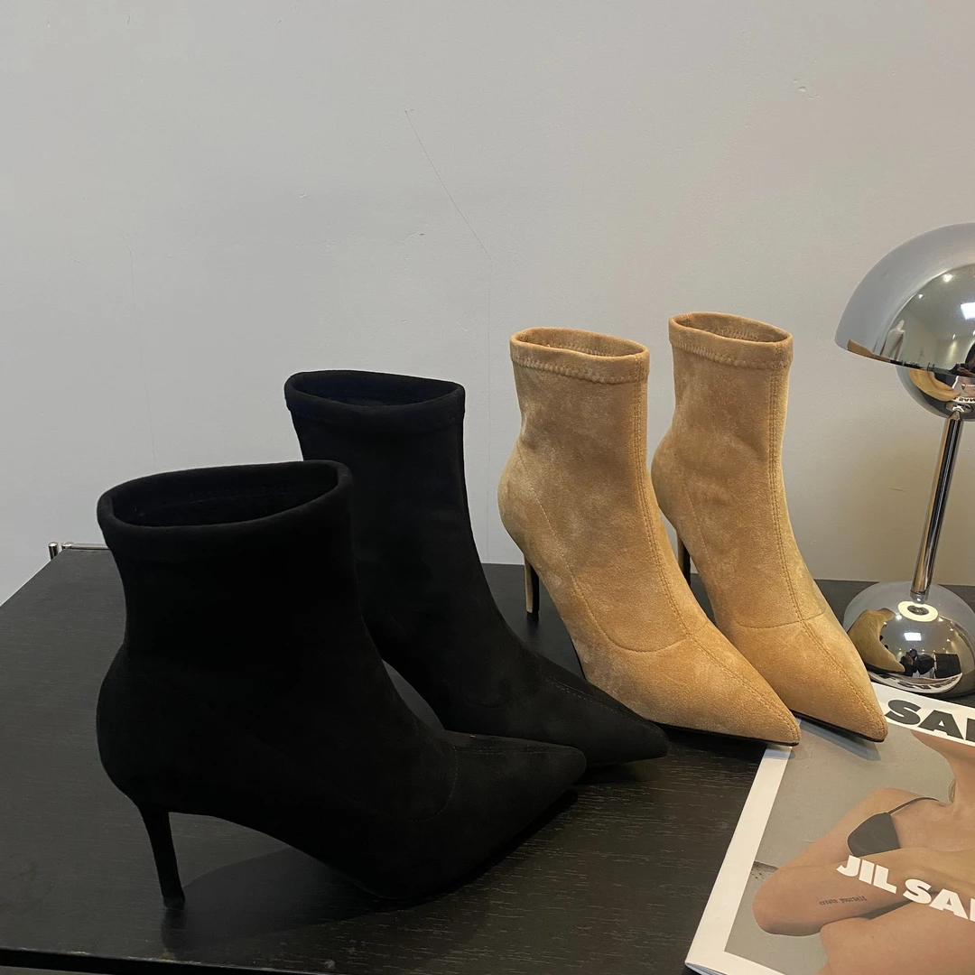 韩版细跟绒面秋冬季高跟鞋尖头超短靴网红瘦瘦高跟鞋女靴子