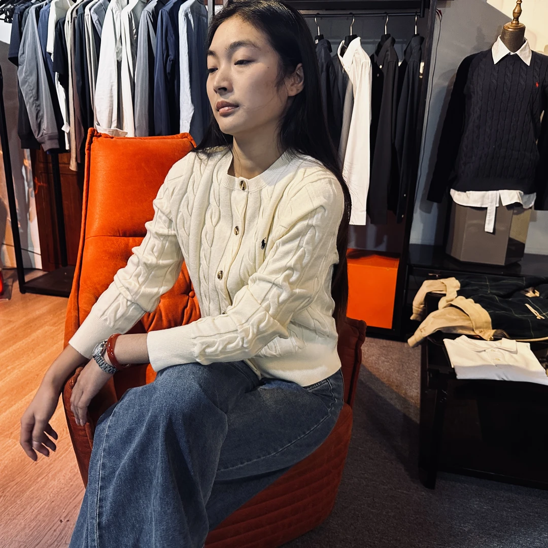 FAFACH 绞花开衫针织秋冬毛衣圆领刺绣女美式老钱羊毛针织衫