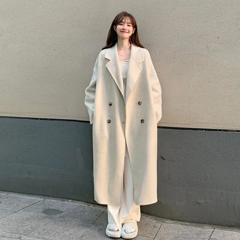 VOCKOO官方白色呢子大衣女2025秋冬新款双排扣中长版加厚慵懒小个