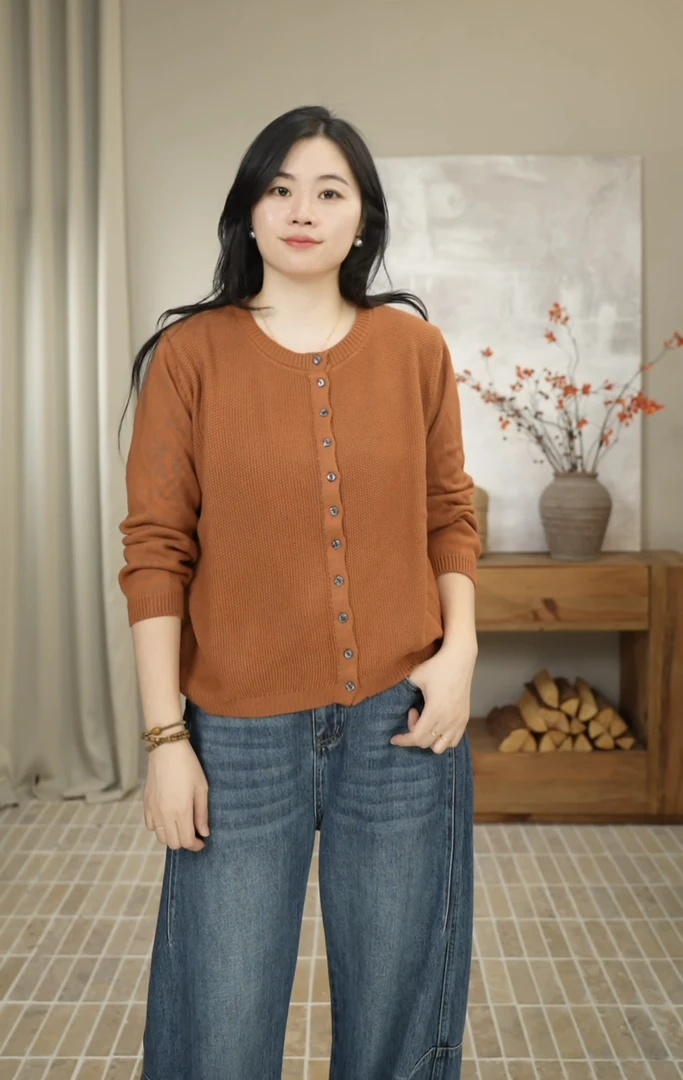 九月JIUYUE 秋冬女装圆领宽松休闲纯色百搭针织衫排扣开衫 2763