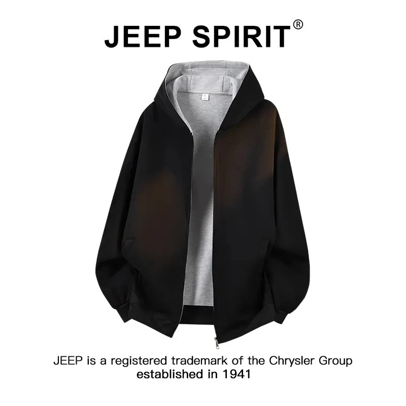Jeep吉普纯棉重磅连帽开衫卫衣男女款宽松百搭拼色慵懒风休闲外套