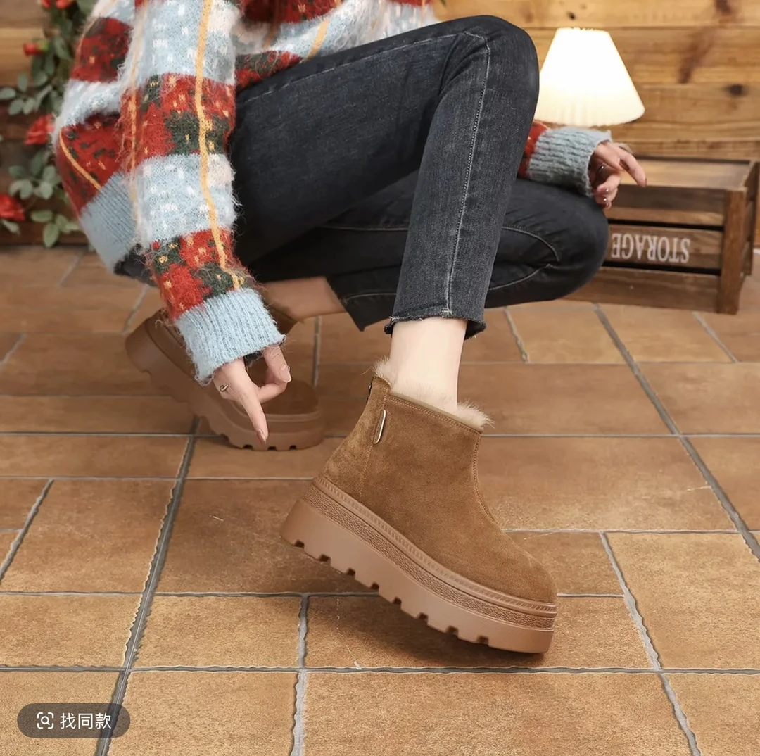 【豌豆专柜品牌】真皮鞋平底百搭厚底鞋复古名族风雪地靴