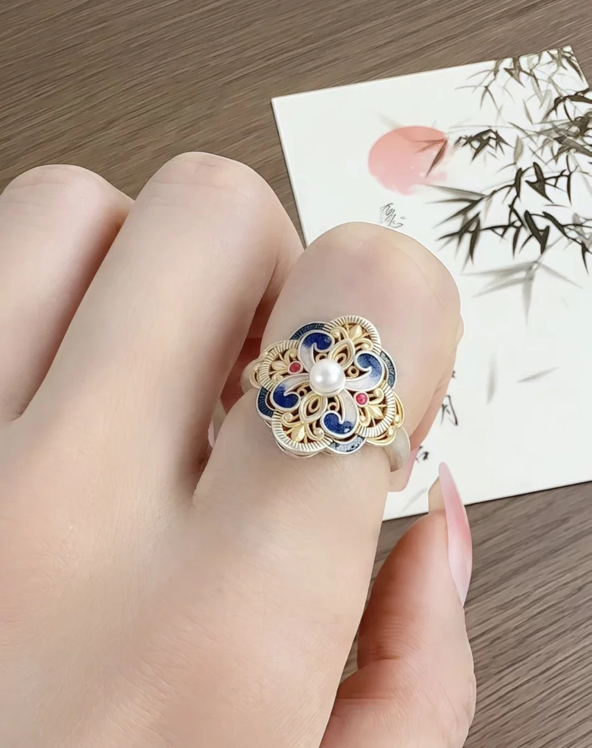 足银戒指 足银戒指活口原创设计女烧蓝国风素款轻奢时尚彩色蓝色