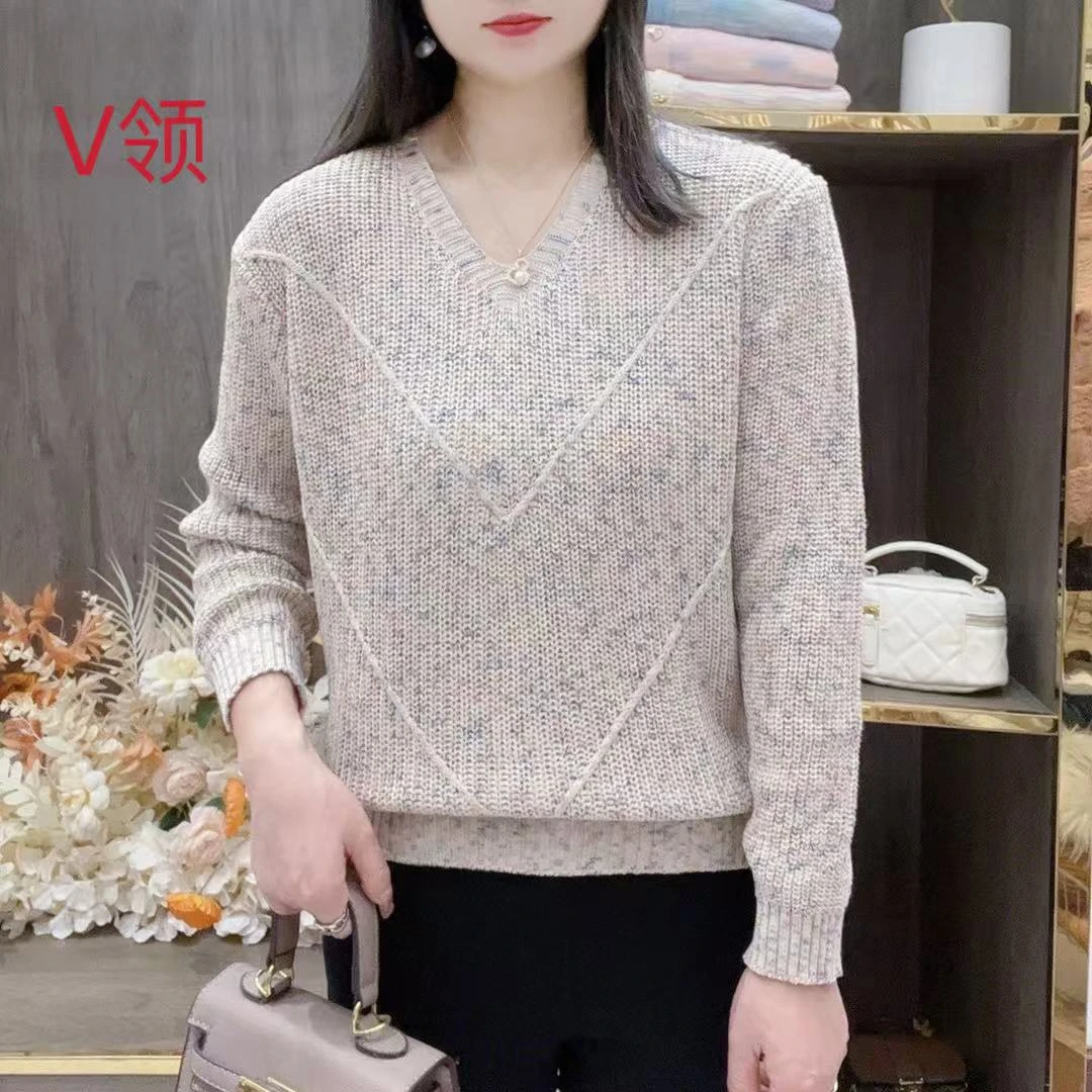 2025早春新款女士韩版长袖圆V领彩纱针织衫时尚百搭休闲棉上衣