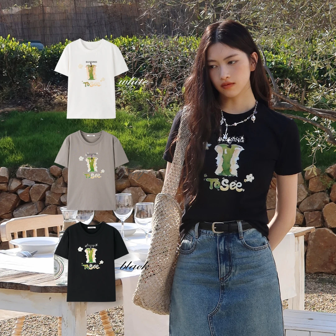 TOSEE 立体感青苹果印花钉珠圆领短袖夏新款100%棉T恤TO252SZ0082