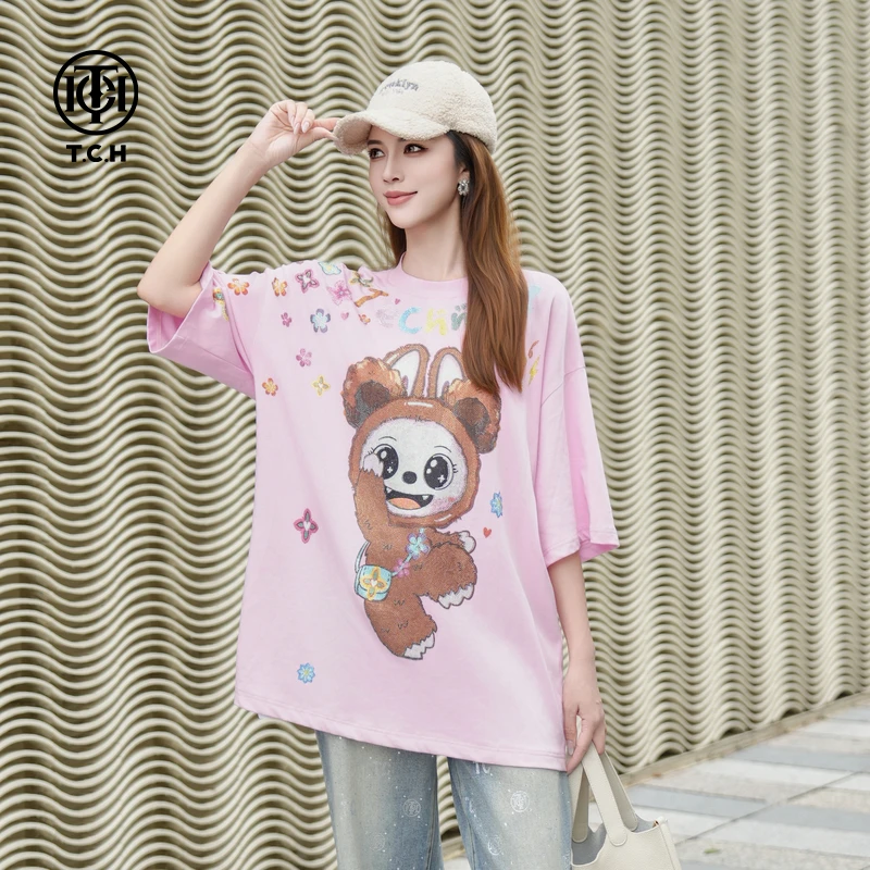 TCH私服烫钻工艺时尚休闲百搭气质重工T恤女T75C10E9036轻奢tch
