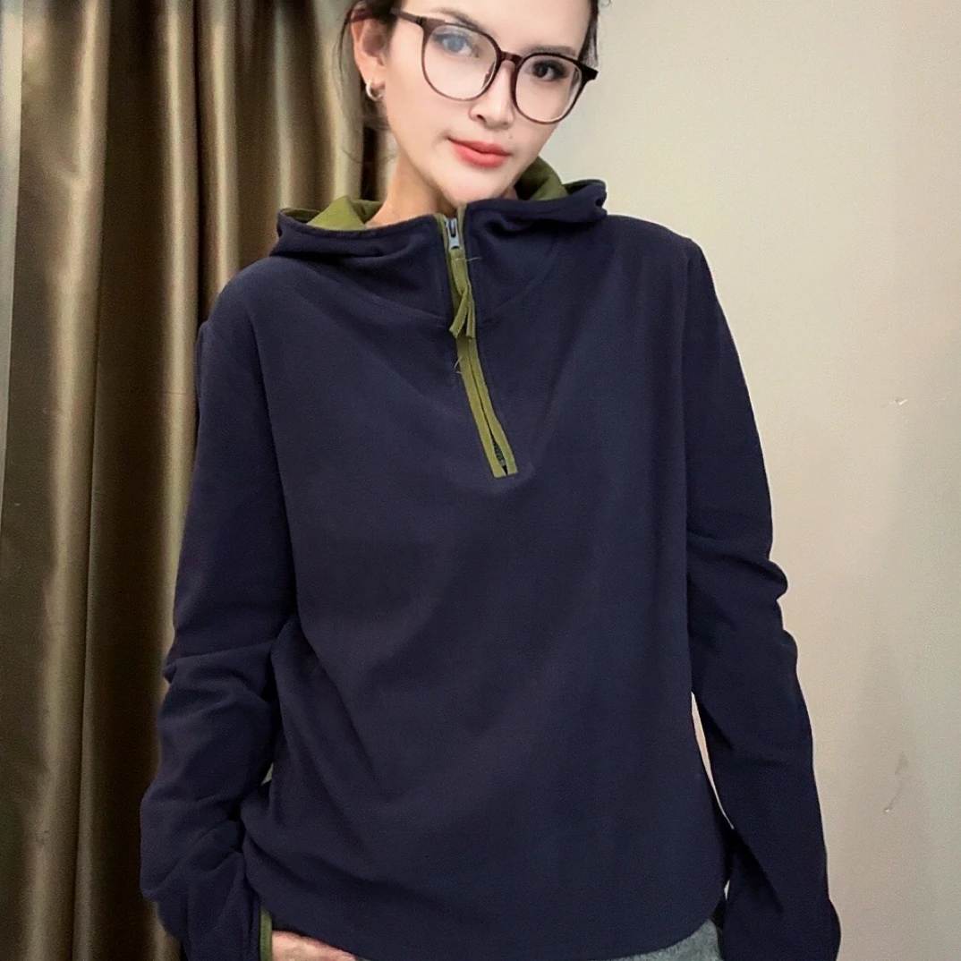 女连帽拉链口袋宽松型工装风卫衣春季秋冬秋季半拉链