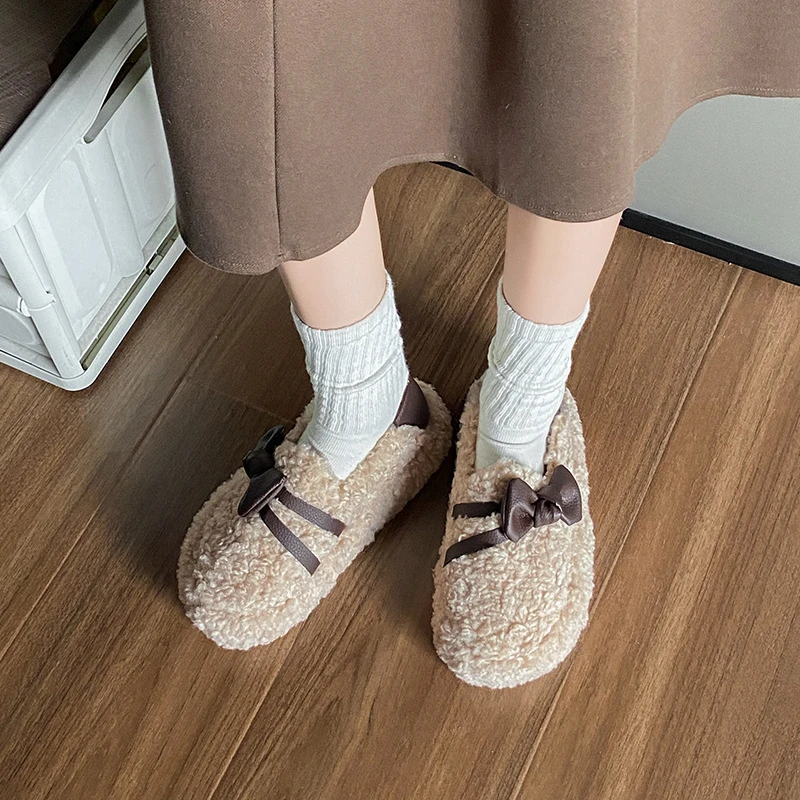 小个子厚底增高蝴蝶结加绒鞋女2025秋冬新款一脚蹬豆豆棉鞋