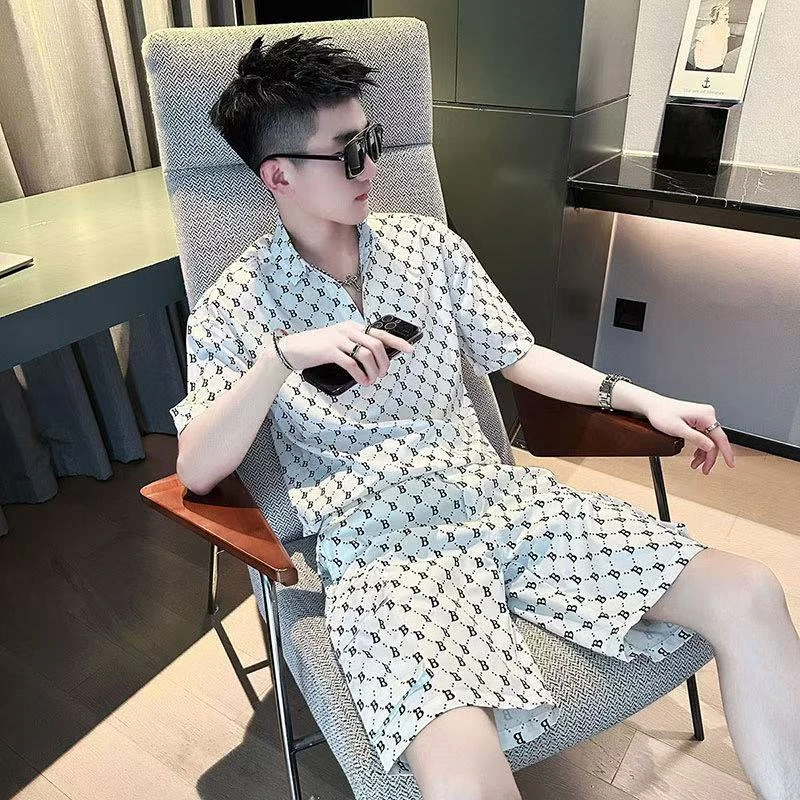2025新款潮牌夏季冰丝短袖衬衫套装男潮流短袖短裤韩版帅气上衣潮