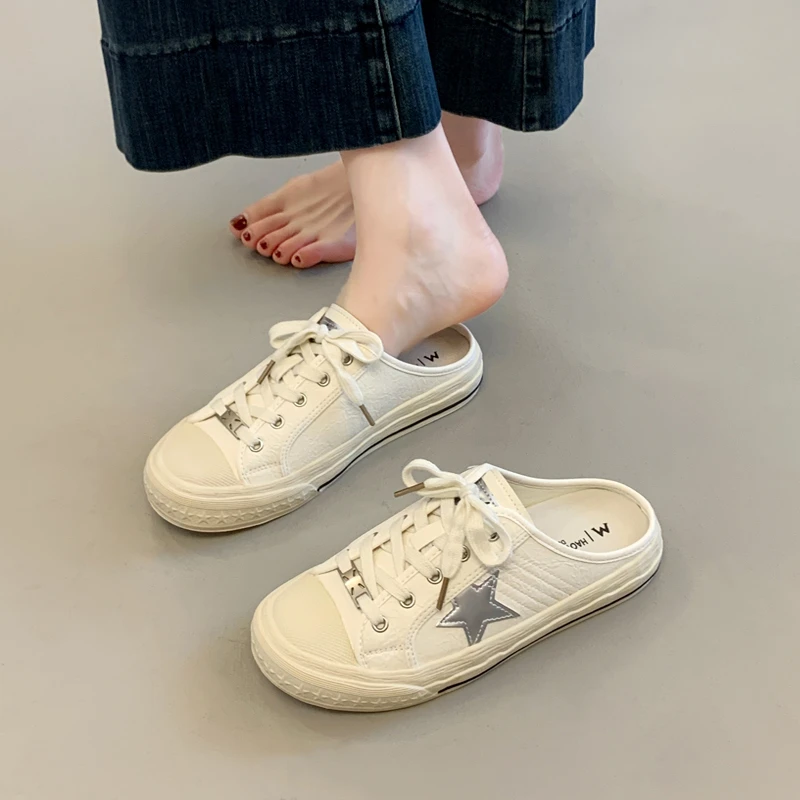 夏季半拖小白包头拖2025爆款网红复古外穿平底无后跟懒人凉拖鞋女