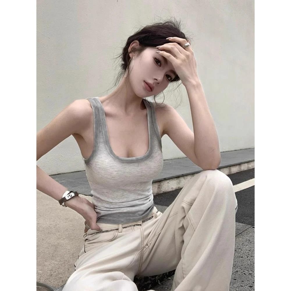 美式辣妹渐变灰色u领吊带背心女夏季薄款遮副乳运动外穿无袖上衣