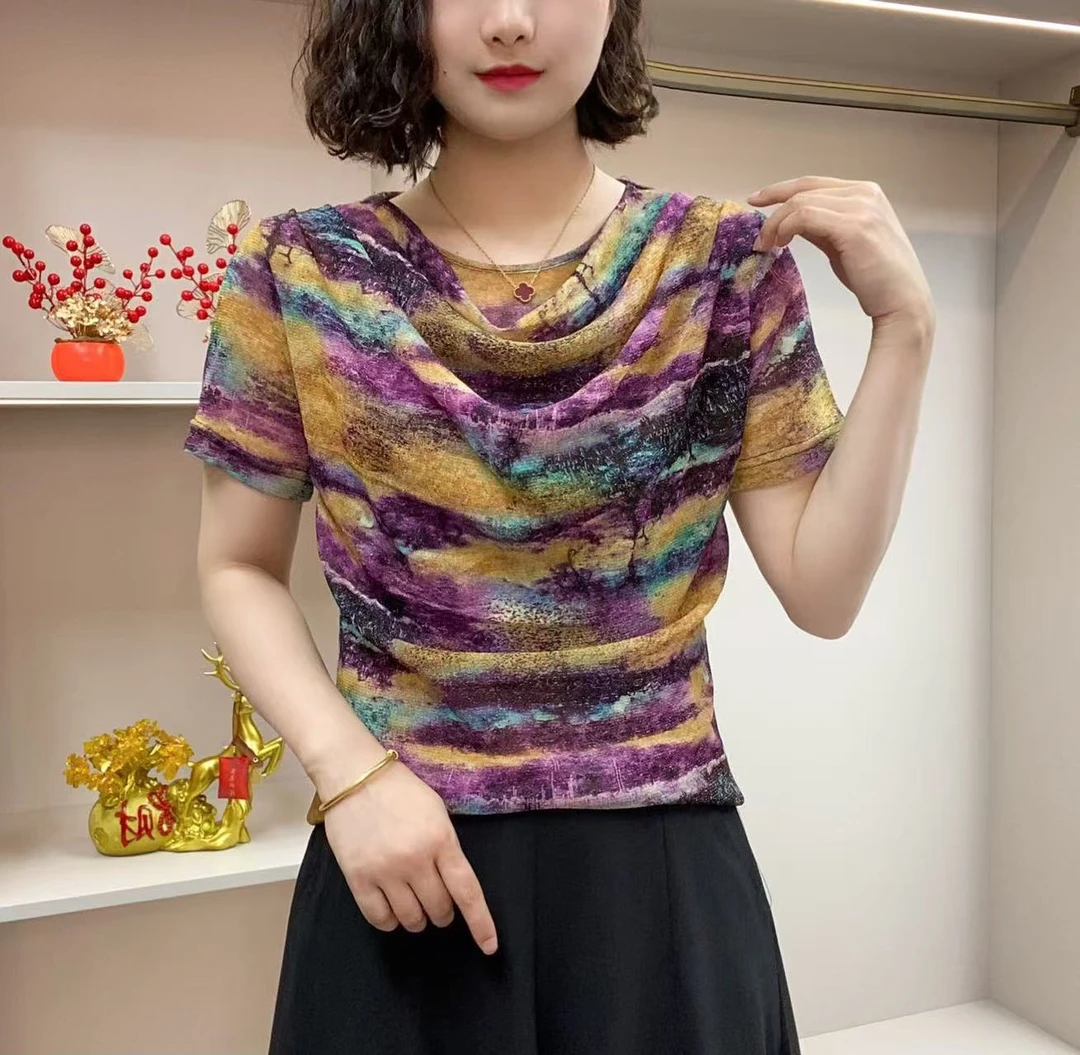 2025夏季气质时尚显瘦亲肤透气减龄洋气女士堆堆领上衣1588