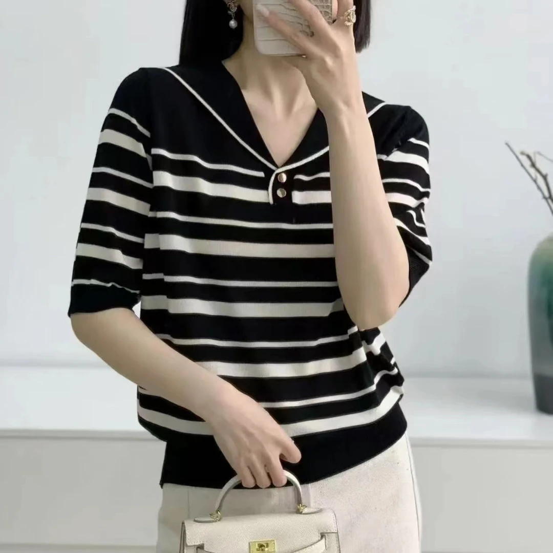 80-160斤黑色条纹海军领针织衫女2025夏季新款百搭气质短袖套头衫