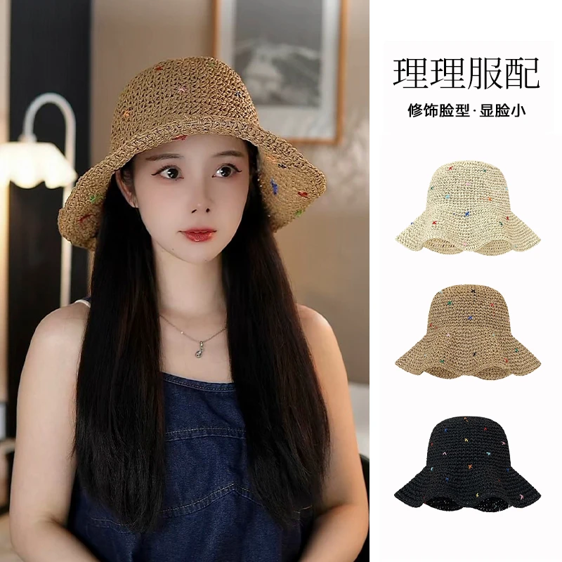 韩版新款大檐彩色遮阳草帽度假出游百搭草编防晒时尚海边沙滩凉帽