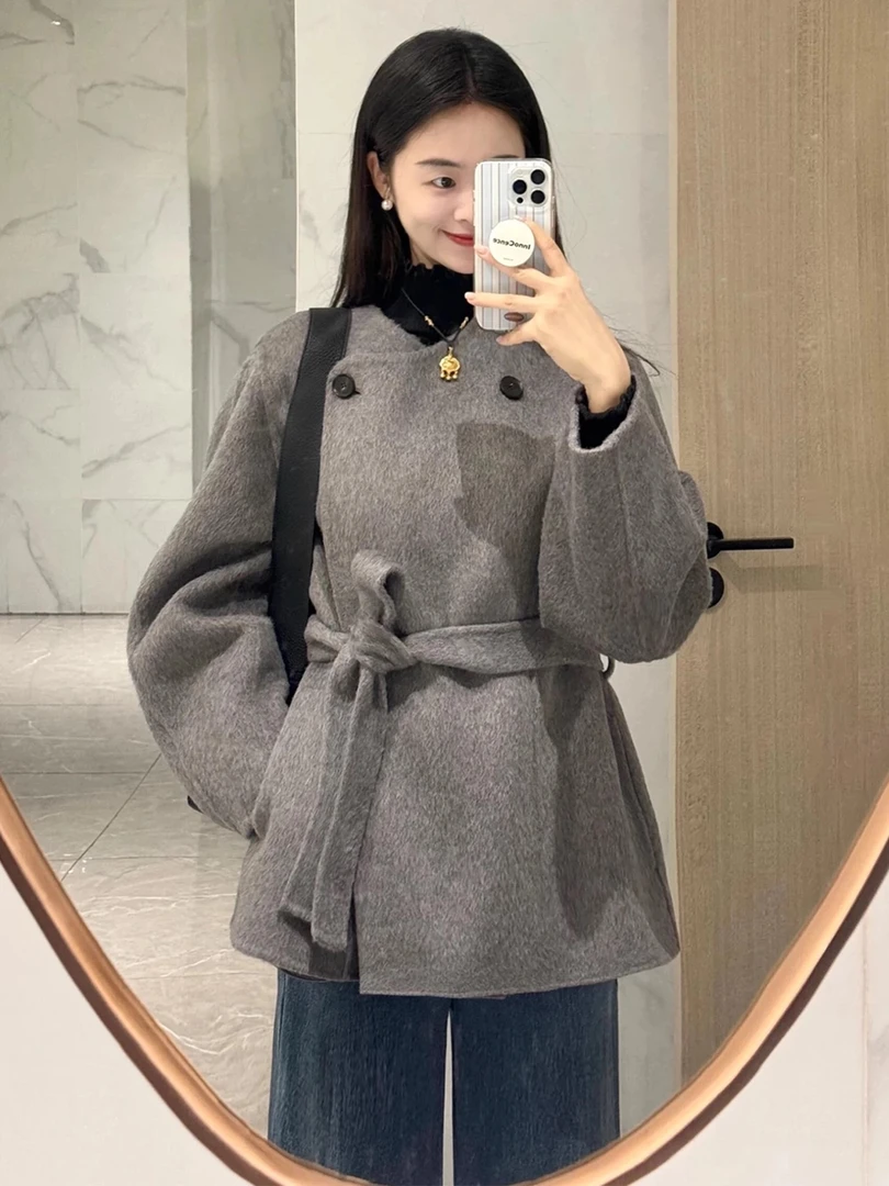 2025秋新款灰色呢子大衣女毛呢外套小个子赫本风高级感气质正流行