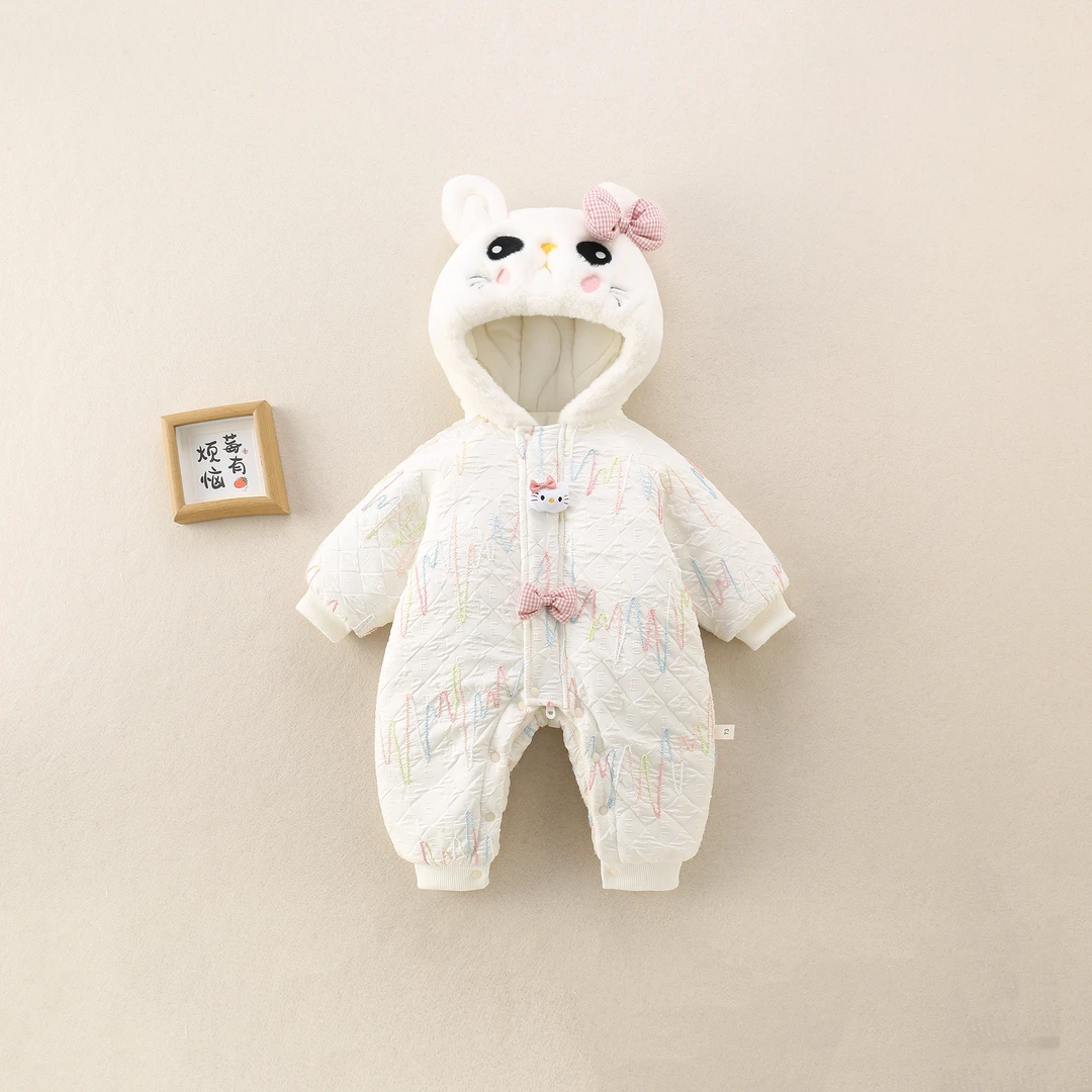 BBQ婴幼儿冬季连体衣加厚可爱爬服绣花女宝甜美猫咪哈衣外出服
