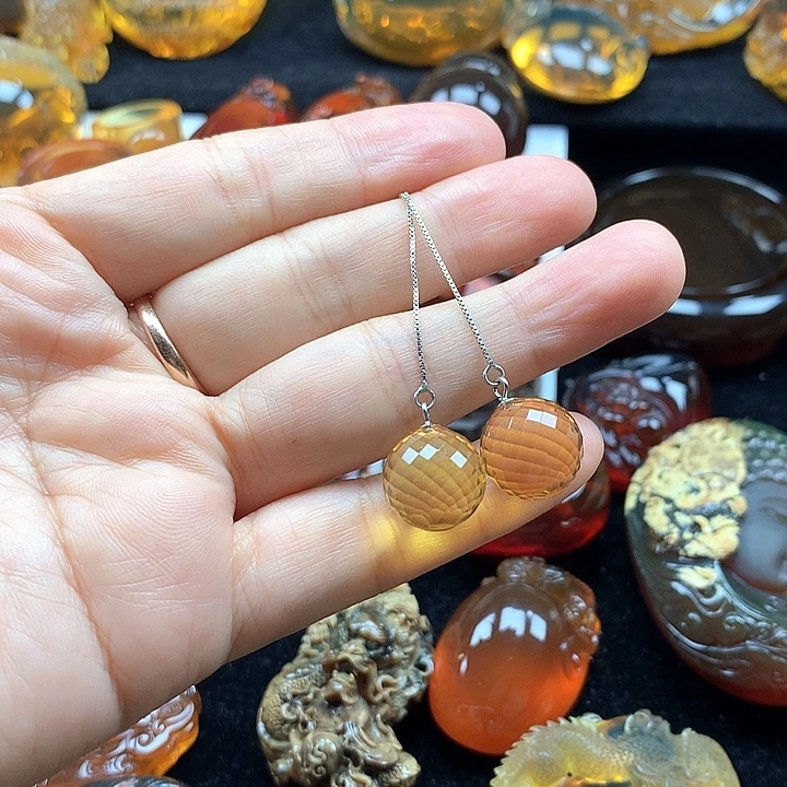 ****琥珀未镶嵌裸石圆珠切割耳勾