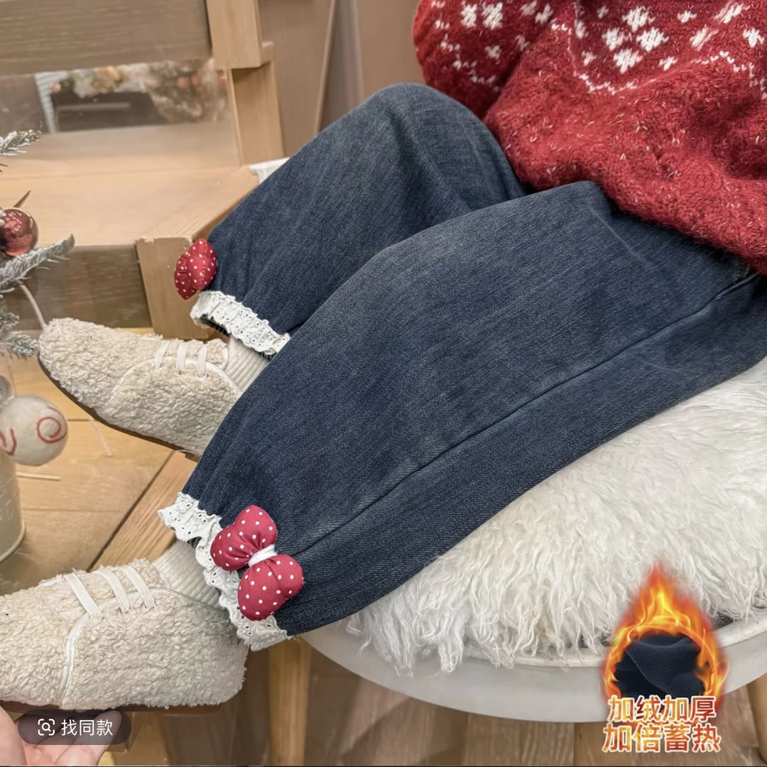 女童秋冬季加绒软牛仔裤2025新款女宝加厚宽松休闲保暖束脚长裤子