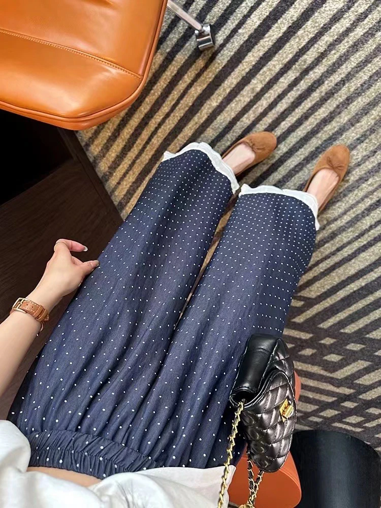 蕾丝边松紧腰波点休闲阔腿九分直筒裤女士春夏新款