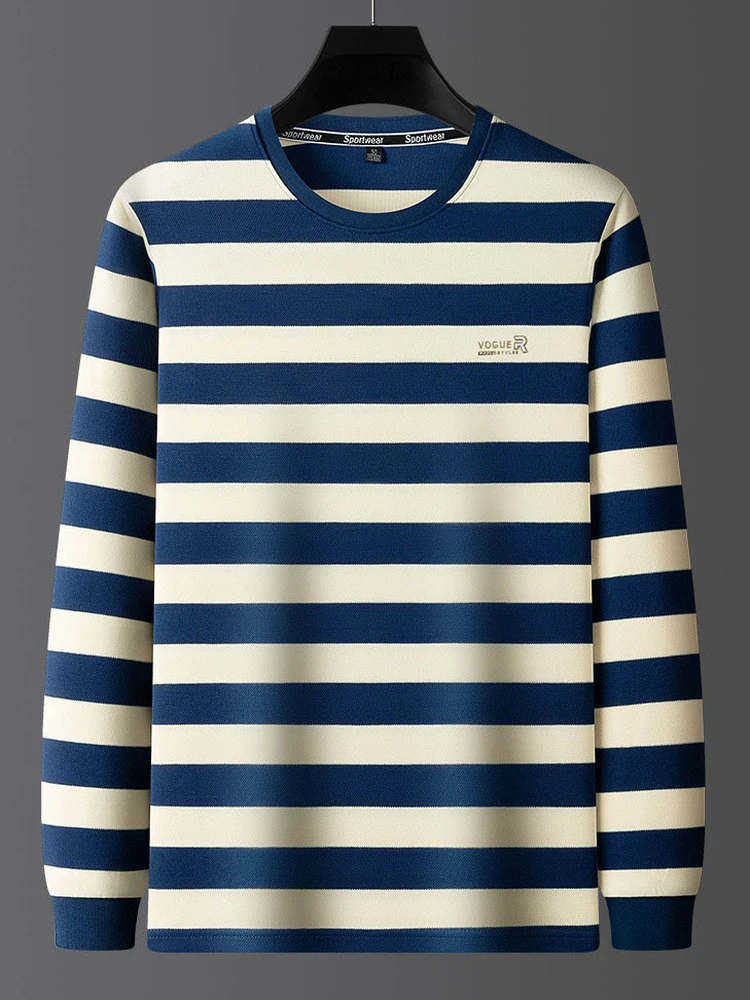 2025秋冬季新款男士高级感圆领条纹长袖T恤卫衣休闲舒适打底上衣