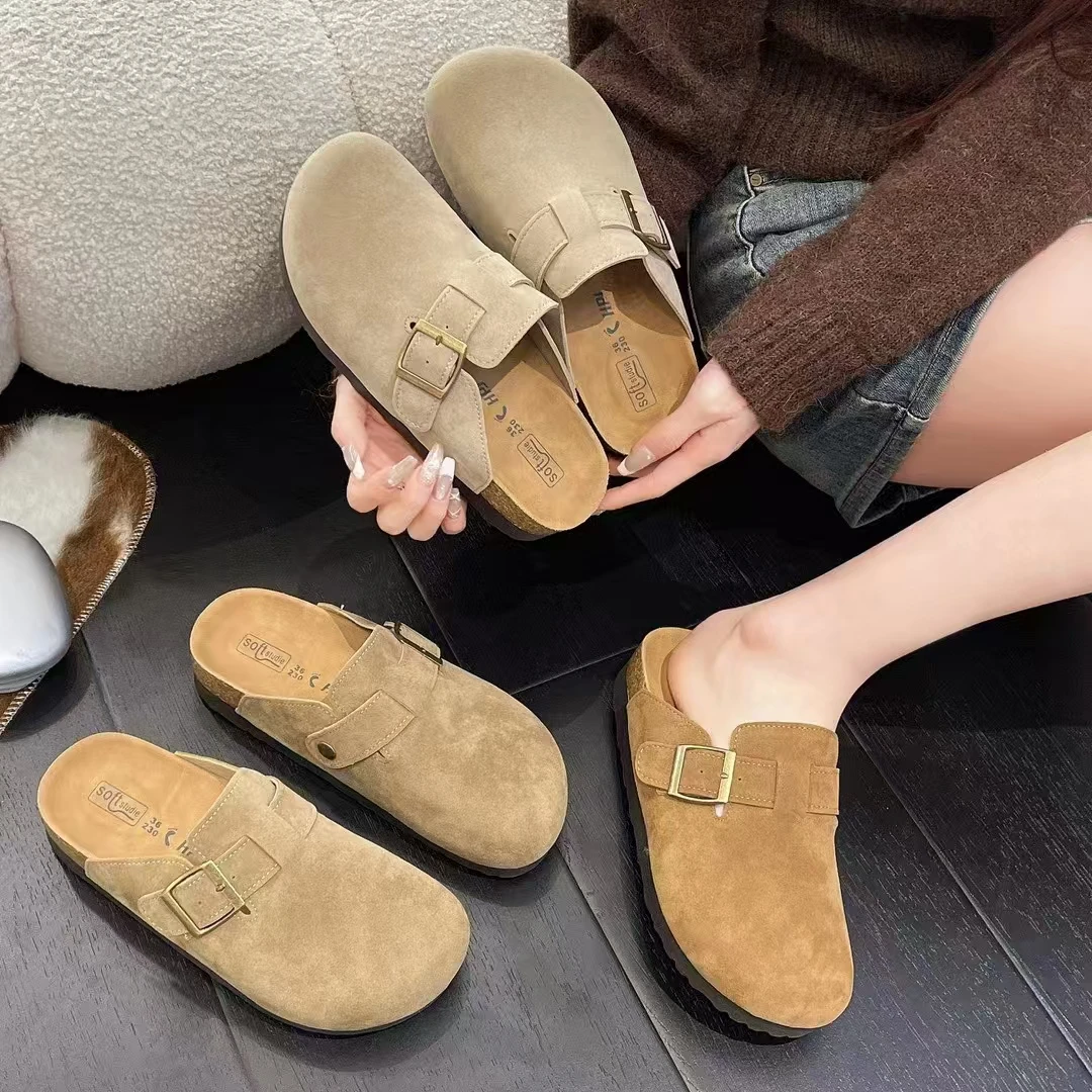 2025-10平底真皮包头勃肯半拖2025新款女鞋四季百搭休闲鞋