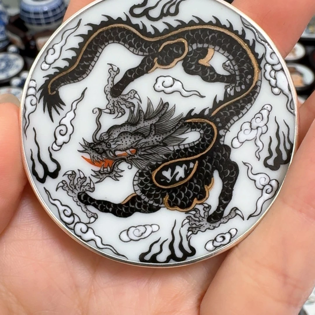 济***海瓷片墨彩纯银黑金龙挂件