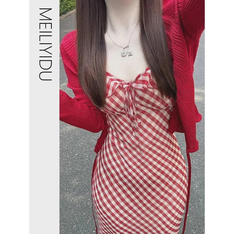 MLYD/定制 大码复古红色格纹吊带连衣裙女夏法式V领气质修身长裙