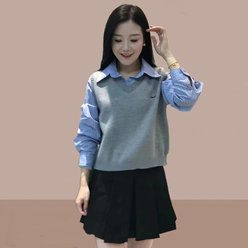 假两件条纹拼接针织长袖衬衫女2025年春季新款休闲百搭学院风上衣