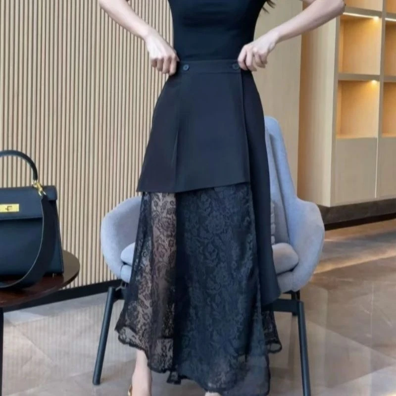 【梦婷家】新款不规则蕾丝拼接百搭显瘦半身裙-高腰夏季裙子半裙