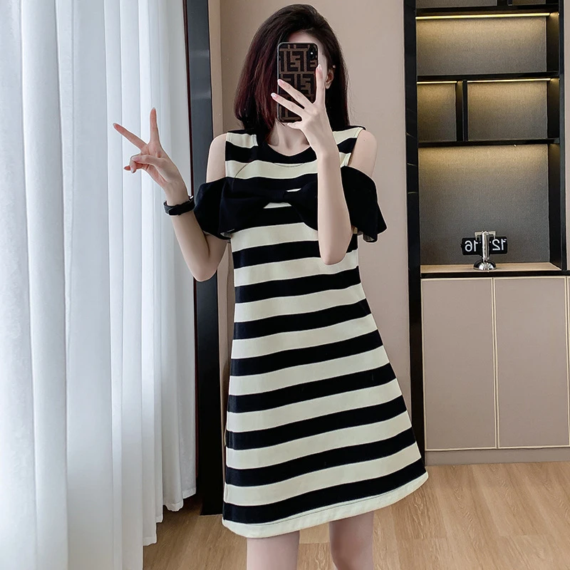 大码女装韩系甜美遮肚子条纹T恤裙微胖夏季露肩显瘦洋气a字连衣裙