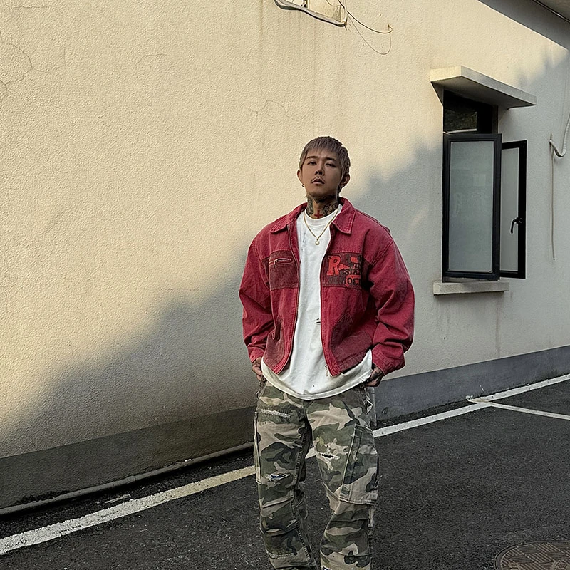 白鹤大人美式复古水洗做旧红色夹克男机能风工装短款男女拼接外套