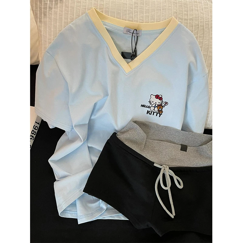 【百变kitty】韩系可爱休闲睡衣女夏款新款短袖短裤外穿家居服套装