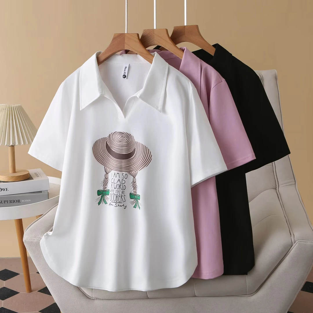 大码胖mm洋气休闲减龄草帽印花POLO领T恤女夏季新款上衣时尚遮肚