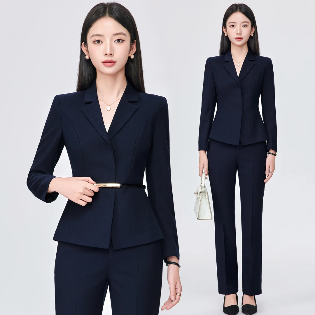 藏青色西装套装女春秋新款美容院前台接待职业正装工作服西服外套