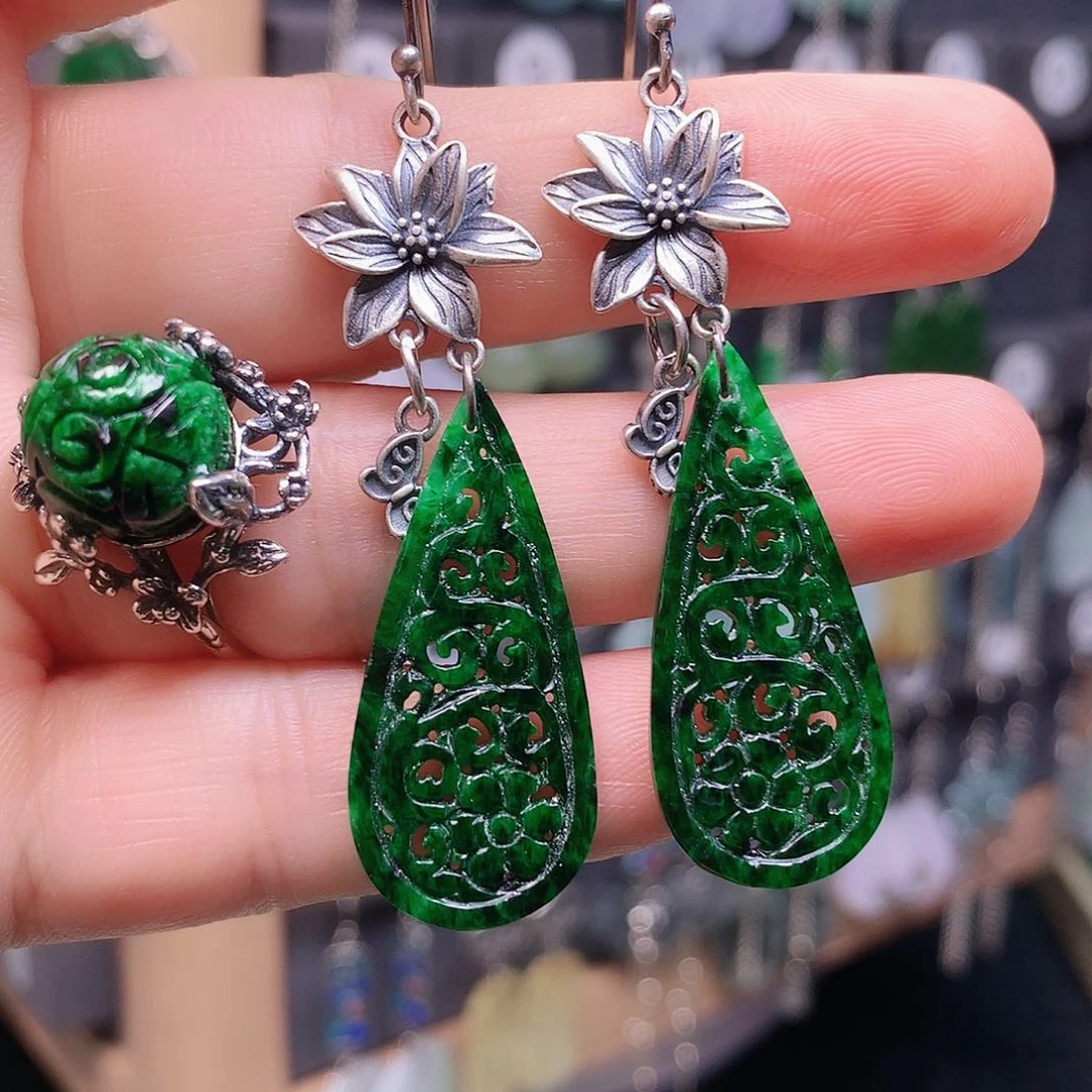 沙***…翡翠银S925镶嵌耳饰