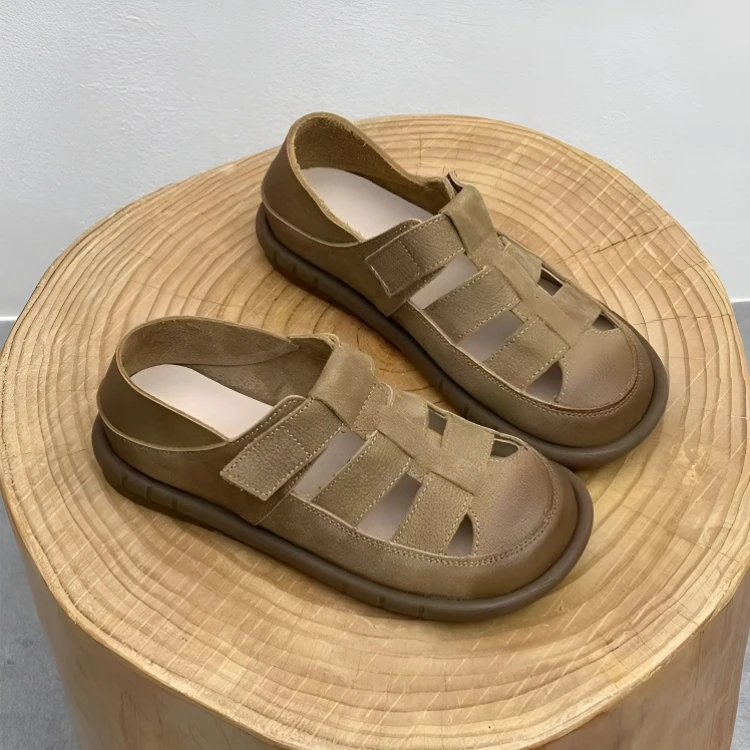 复古手工凉鞋夏季文圆头平底尖头魔术贴包头编织皮女凉鞋舒适不累