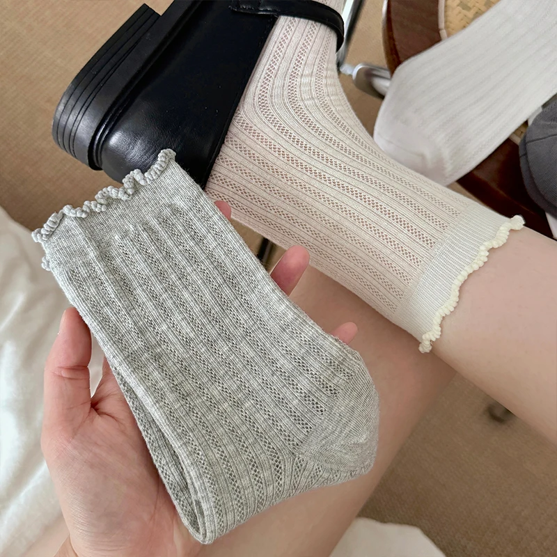 木耳边纯色网眼镂空袜子女中筒袜ins潮棉袜夏季薄款芭蕾风长袜女