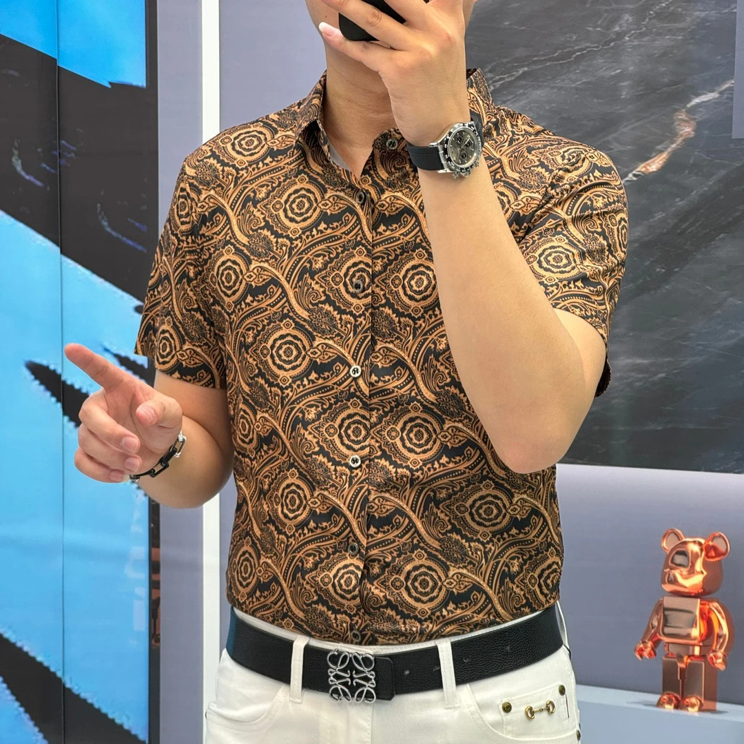 25夏季（轩诚）桑蚕丝莱赛尔印花高品质男士时尚潮流短袖衬衫衬衣