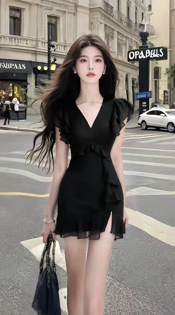 2025夏季新款轻奢优雅高端黑色V领收腰包臀连衣裙女高级氛围感