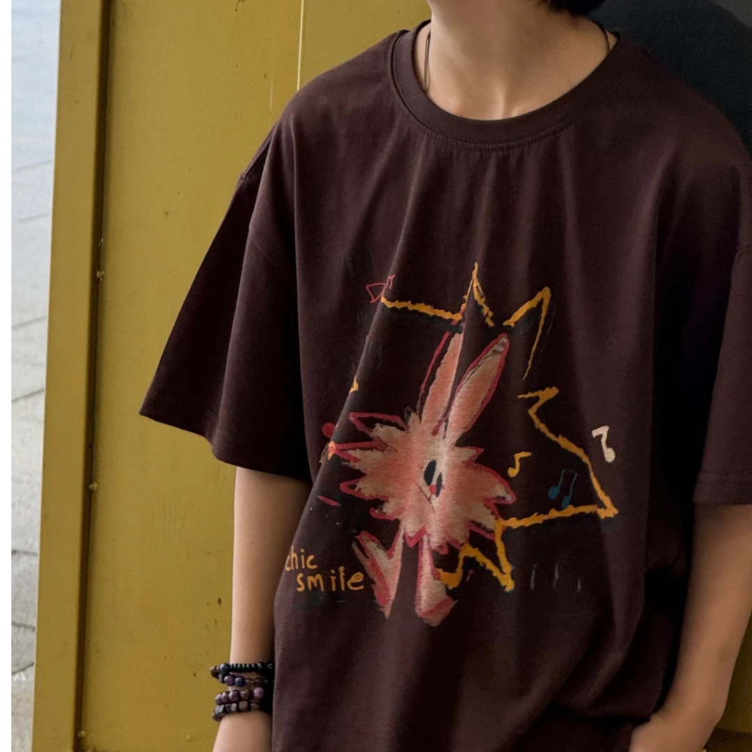 vilimama2025夏季中小童暴跳小花咖色罗纹领短袖T恤55496 印花